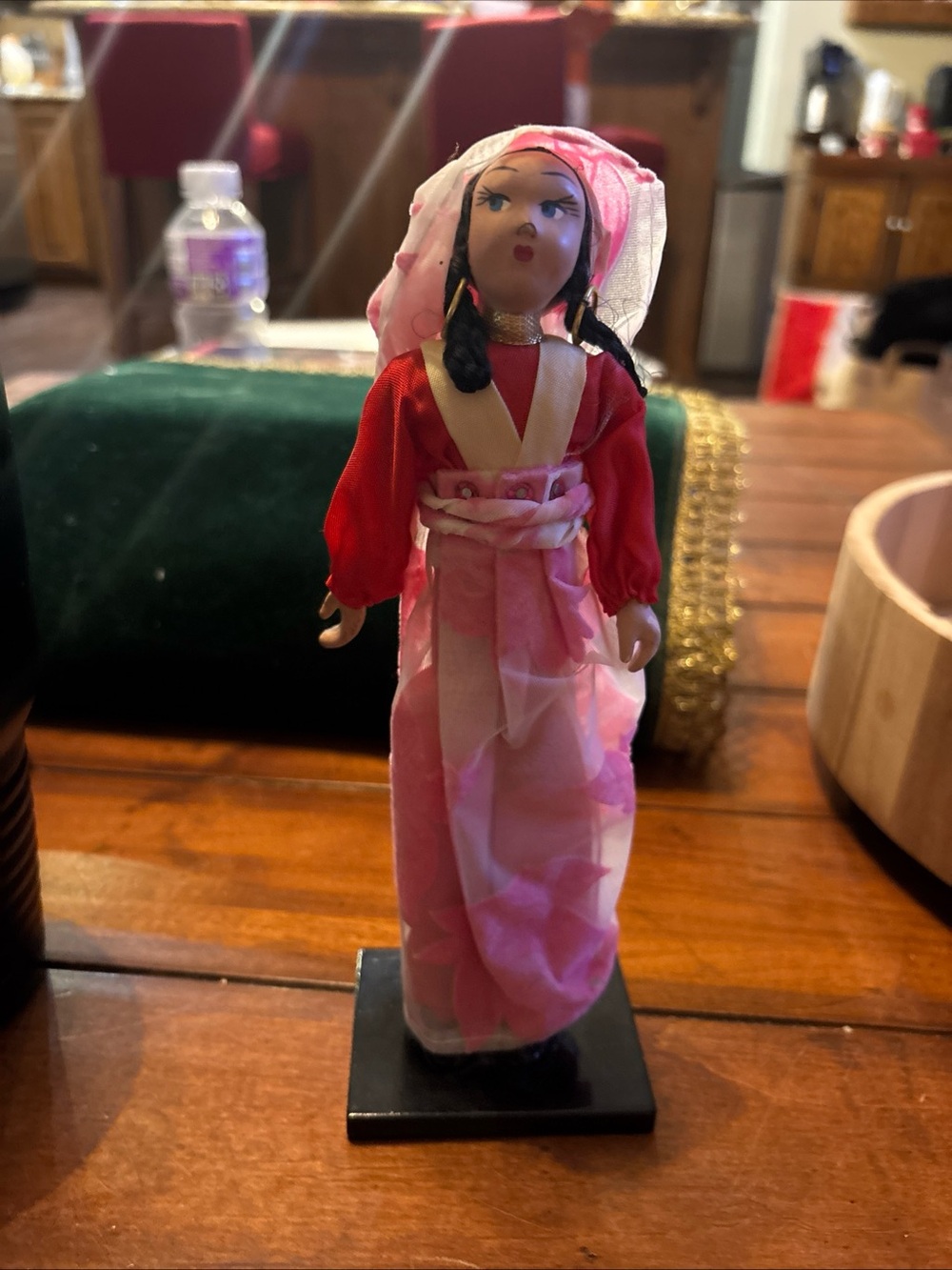 Vintage Made in Japan International Costume Doll Pink Red Dress w/ Stand